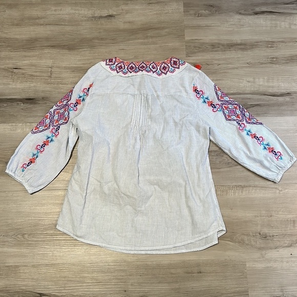 Chico's Women's Blue Embroidered Bohemian Tassel Blouse Top - Size Small - Picture 6 of 8